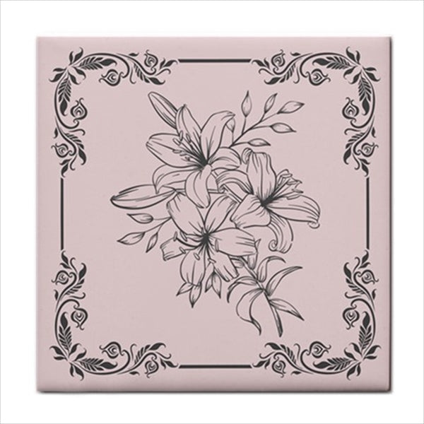 Flower Sketch Pink Tile Backsplash Art