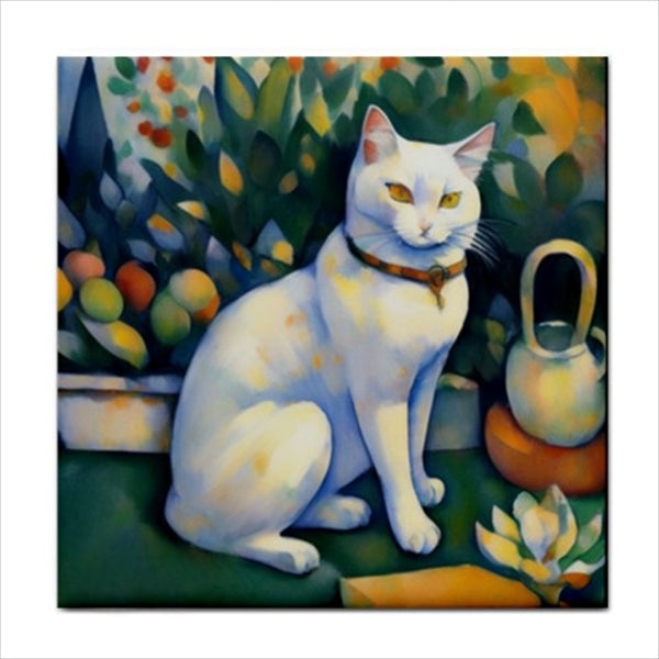 White Cat In Garden Ceramic Tile Backsplash Art