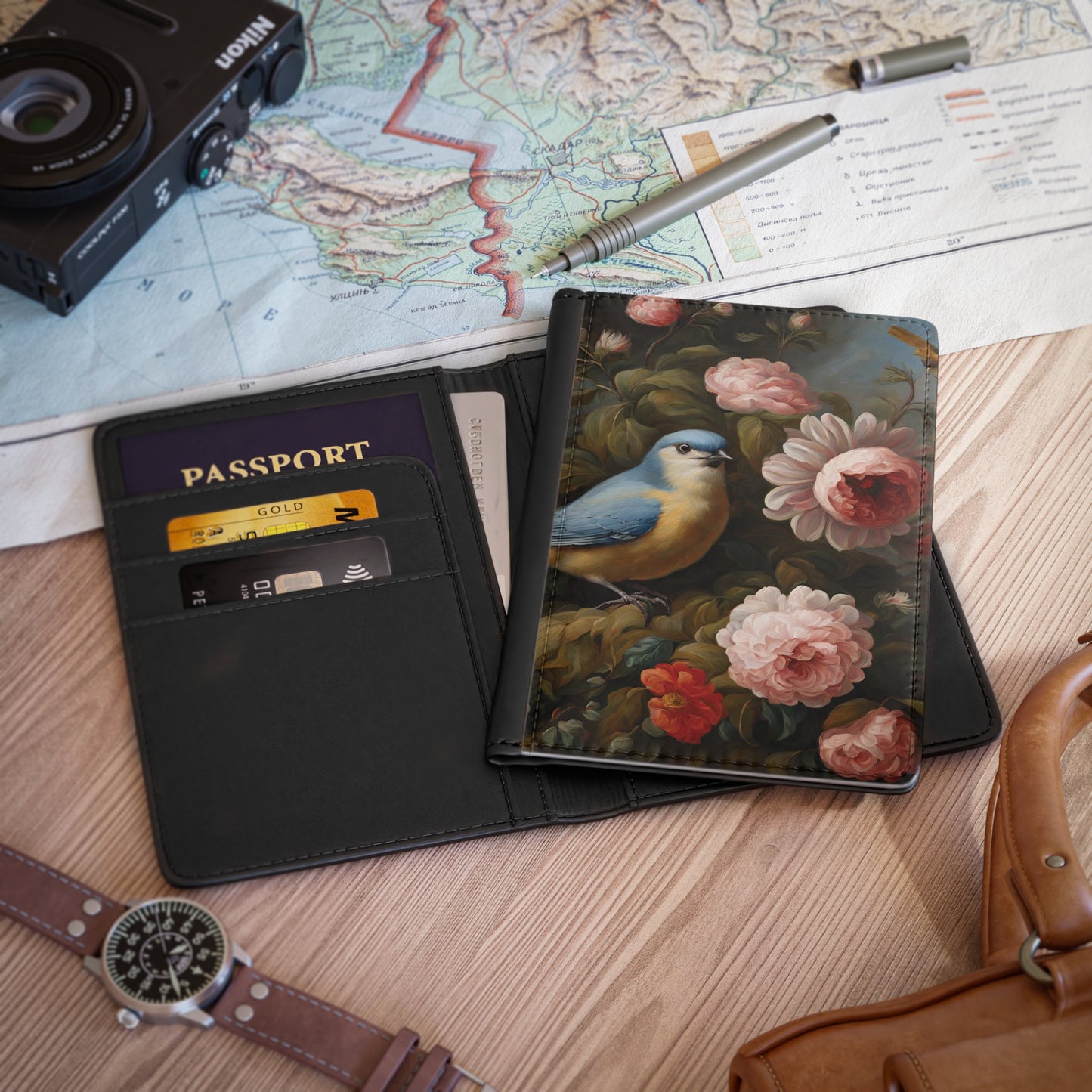 Bird And Flowers Passport Cover Travel ID Holder Handbag & Wallet Accessories