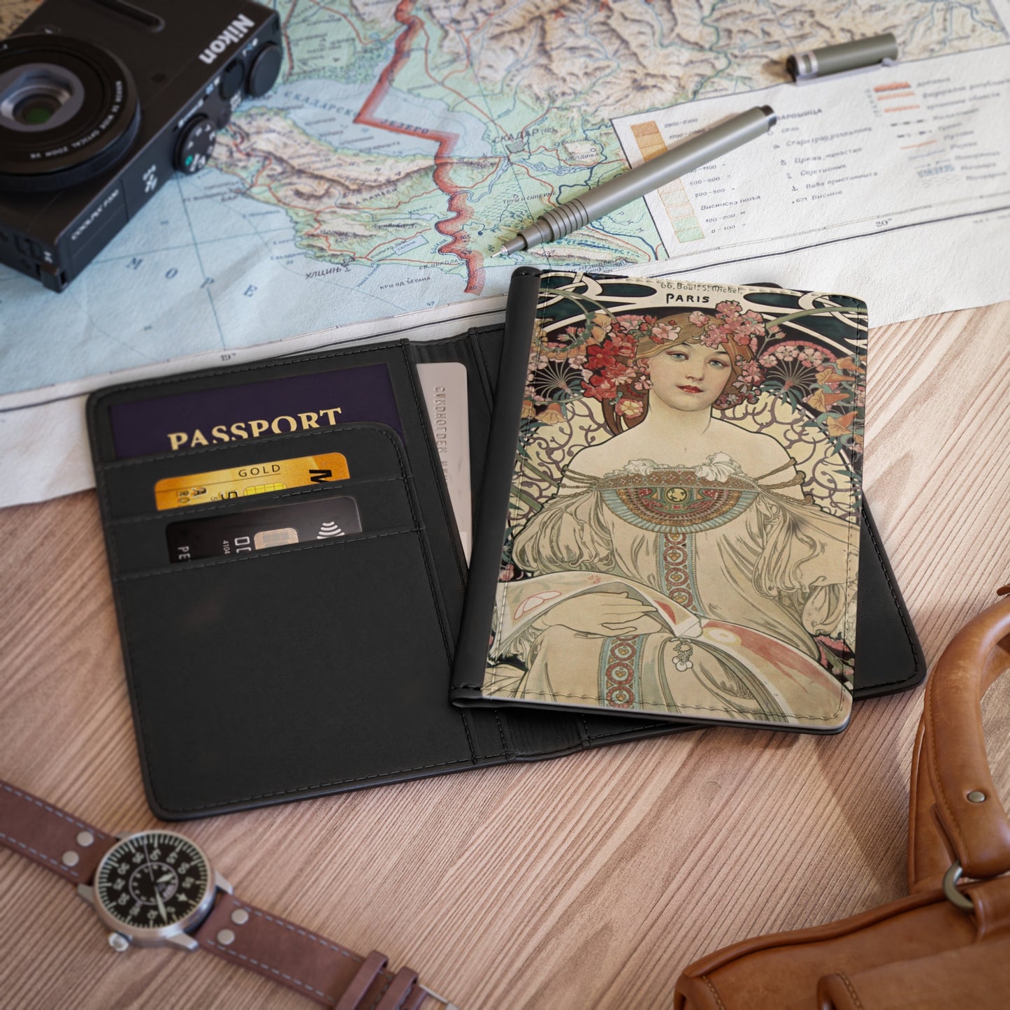 Art Nouveau Passport Cover Travel ID Holder Alphonse Mucha Handbag & Wallet Accessories