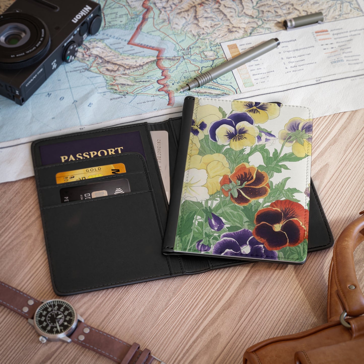 Pansies Passport Cover Travel ID Holder Flower Art Handbag & Wallet Accessories