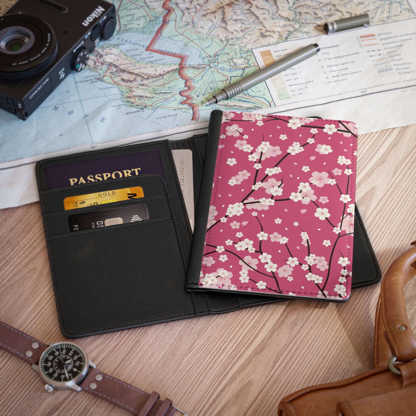 Cherry Blossoms Passport Cover Travel ID Holder Handbag & Wallet Accessories