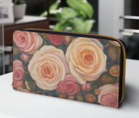 Roses Ladies Wallet For Vacation Travel Faux Leather Zipper