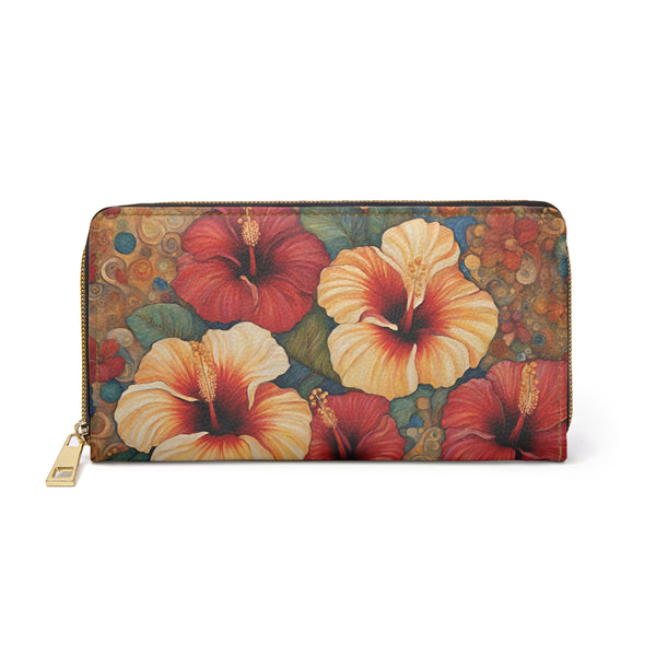 Hibiscus Flowers Wallet For Vacation Travel Faux Leather Zipper