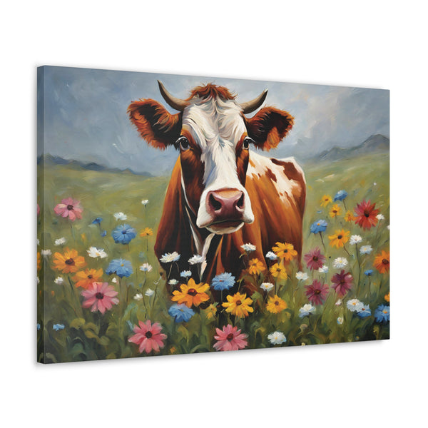 Cow and Wildflowers Canvas Wall Art 30 by 20 Inch