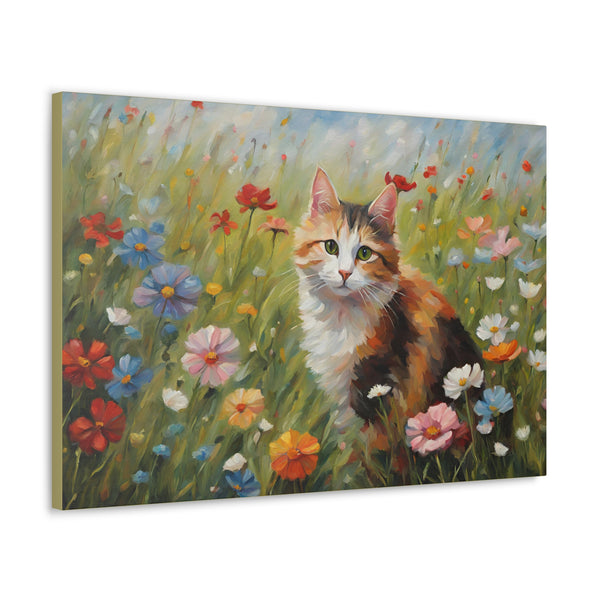 Cat and Wildflowers Canvas 30 by 20 Inch Wall Art