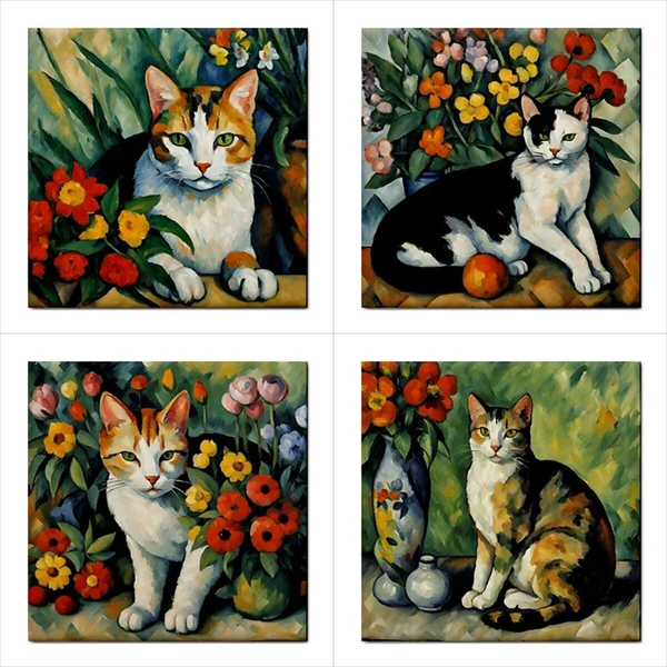 Cats and Flowers Ceramic Tile Art Set Of 4 Decorative Tiles Backsplash