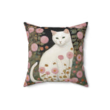 White Cat Pink Flowers Throw Pillow Faux Suede 16x16 Inches