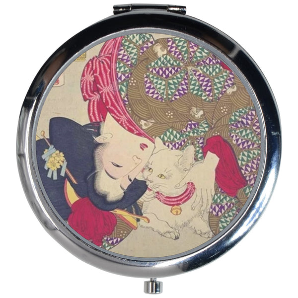 Japanese Girl Playing With Her Cat Art Makeup Purse Mirror Compact