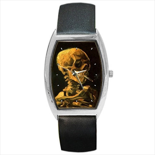 Skull With A Burning Cigarette Van Gogh Art Barrel Style Wristwatch Unisex Watch