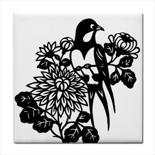 Bird Flowers Black Floral Art Decorative Coaster Ceramic Tile Art