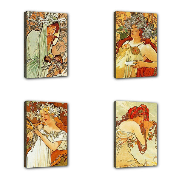 Seasons Women Alphonse Mucha Art Nouveau Mini Stretched Canvas 4 Print Set