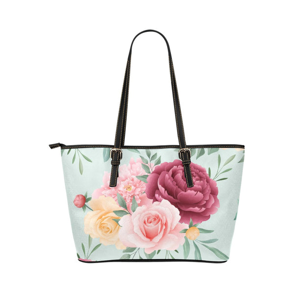 Roses Peonies Flower Floral Art PU Leather Carry On Tote Bag 17.5" x 11"
