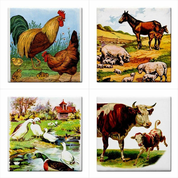 Farm Animals Country Farmhouse Ceramic Tile Art Set Of 4 Decorative Tiles
