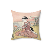 Japanese Woman Gathering Flowers Decorative Faux Suede Throw Pillow 16x16 Inches