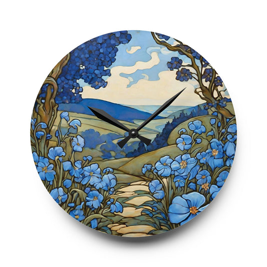 Blue Flowers Landscape Art Acrylic Wall Clock 10.75 Inches Home Decor 10.75'' × 10.75'' (Round)