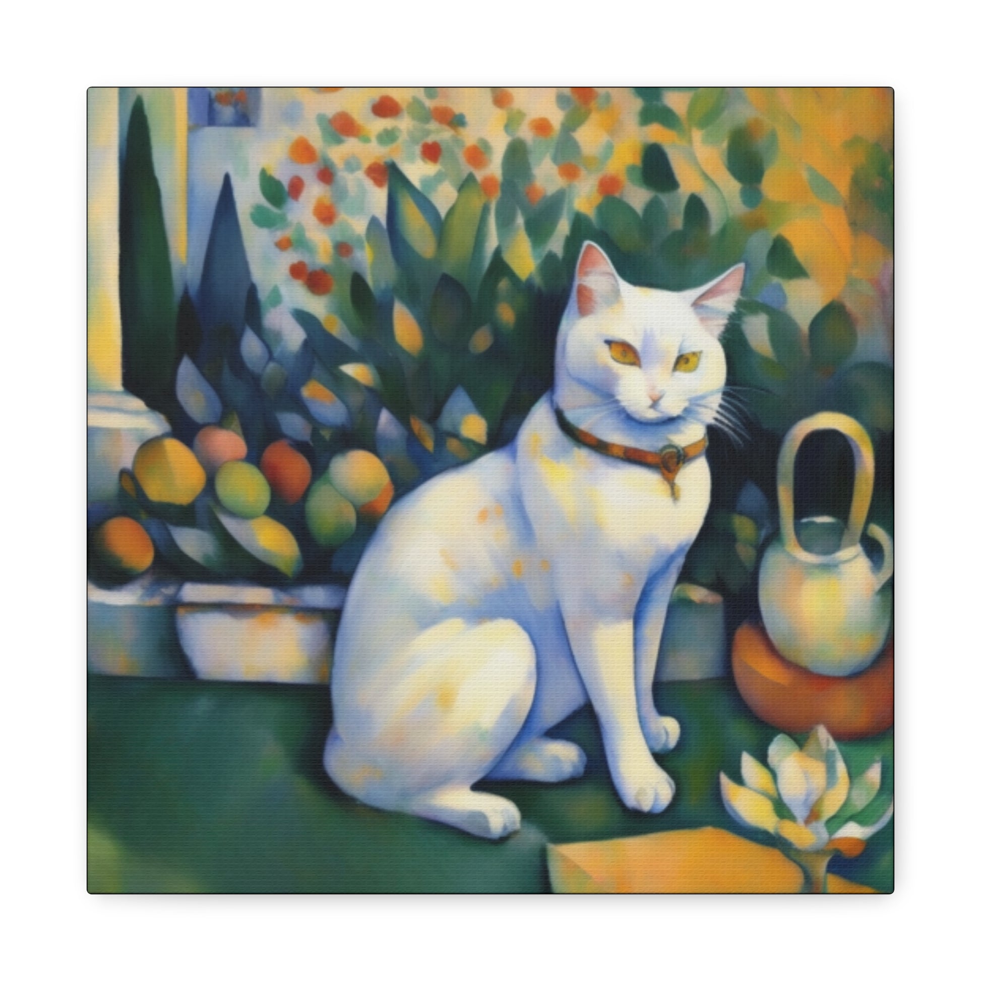 White Cat Garden Art Canvas Gallery Wrap Print 12x12 Inch