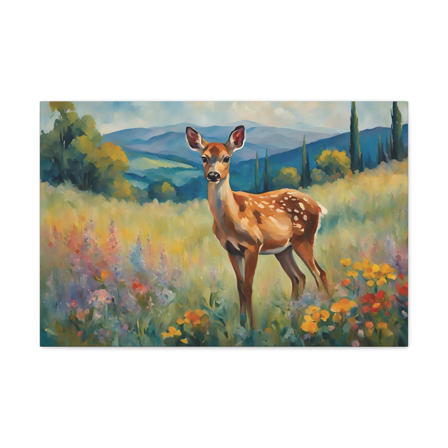 Deer Meadow Flowers Art Canvas Print 30x20 Inch Canvas