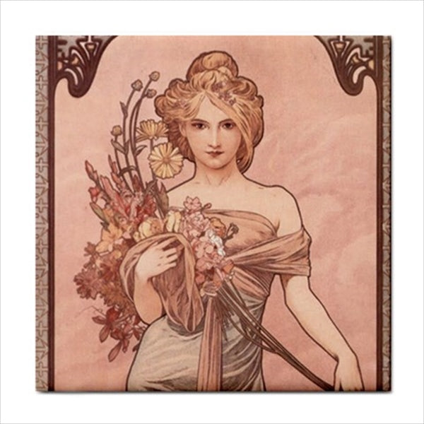 Art Nouveau Women Ceramic Tile Set Of 16 Backsplash 4.25" Tiles Ceramic Tile Set