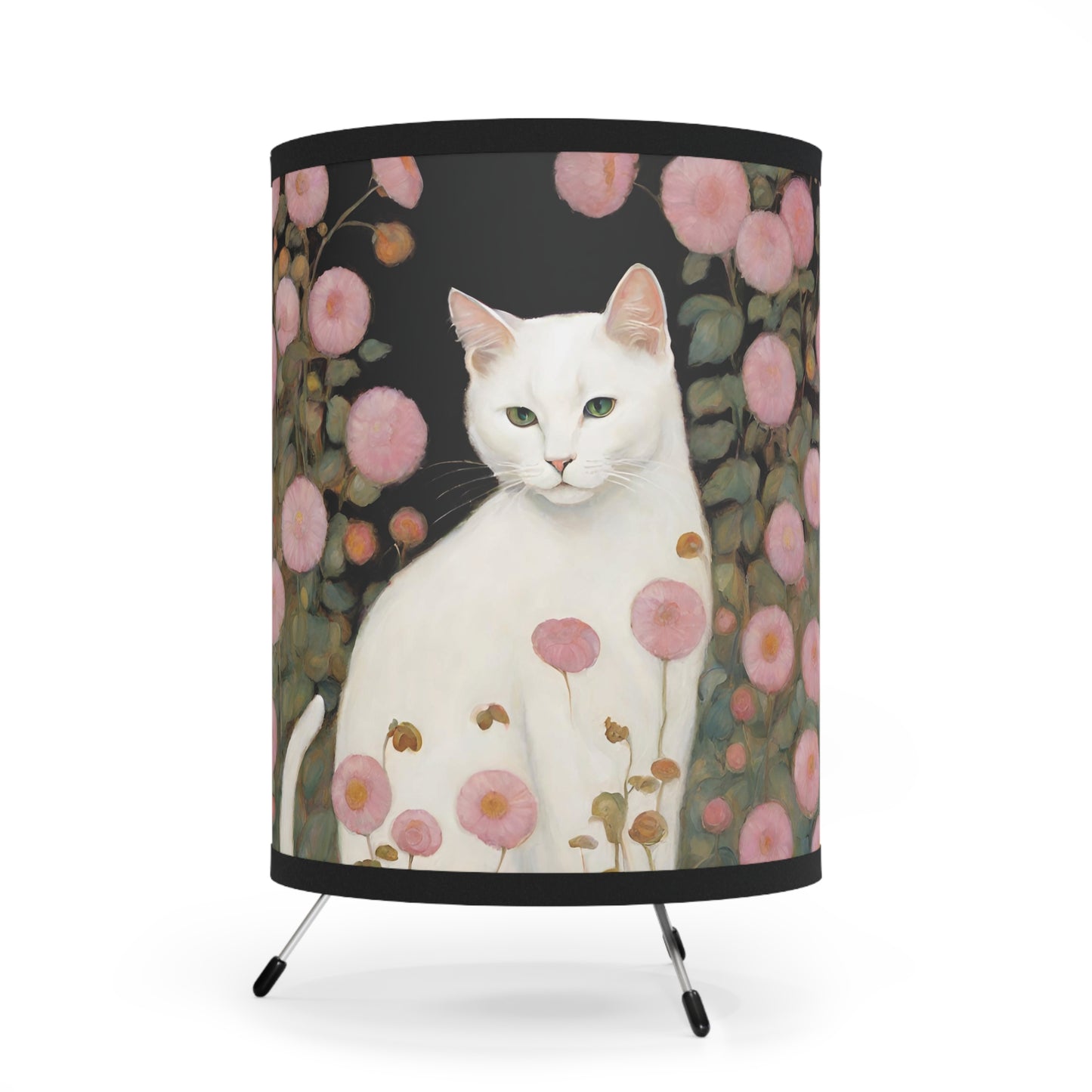 White Cat Pink Flowers Tripod Table Lamp USCA plug Home Decor