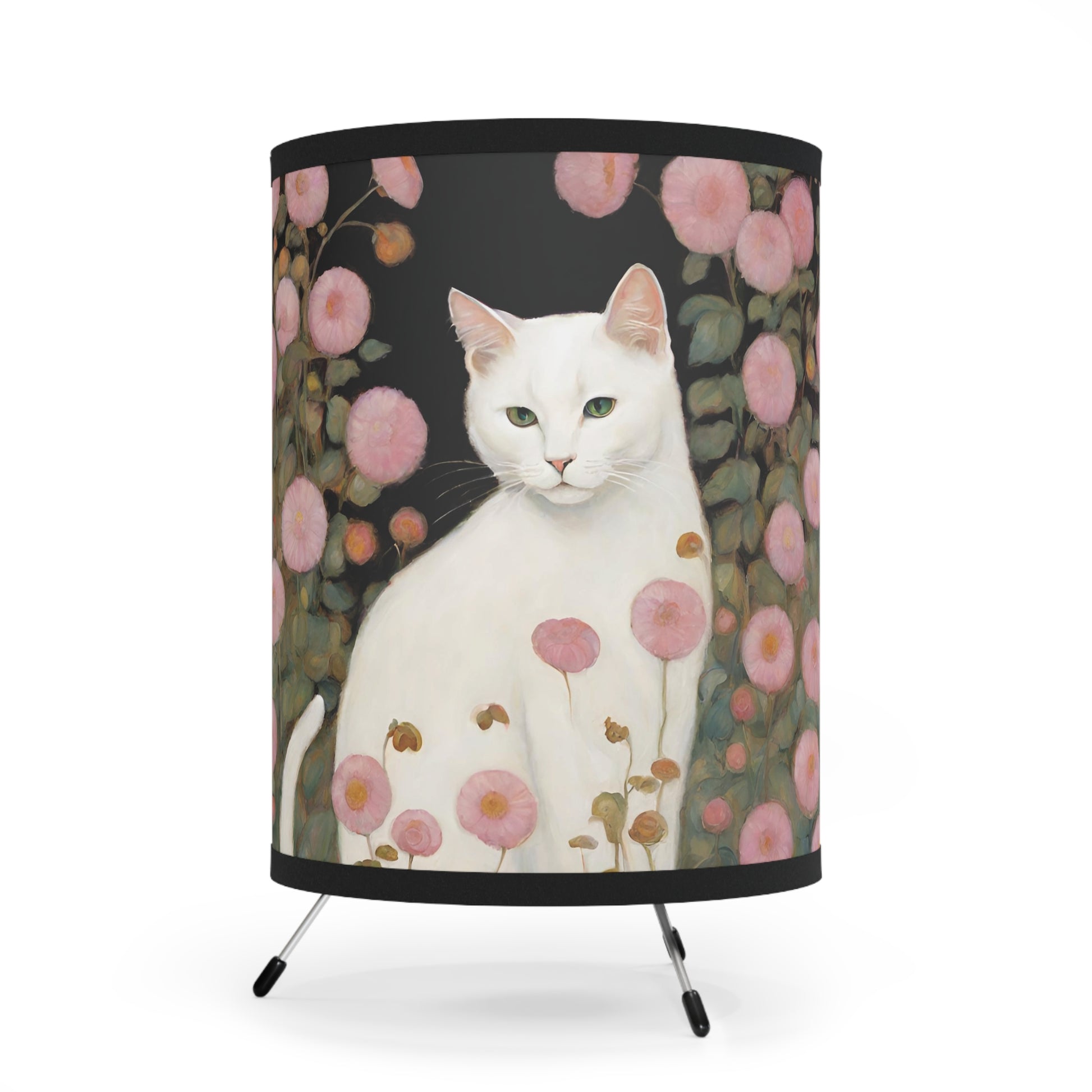 White Cat Pink Flowers Tripod Table Lamp USCA plug Home Decor