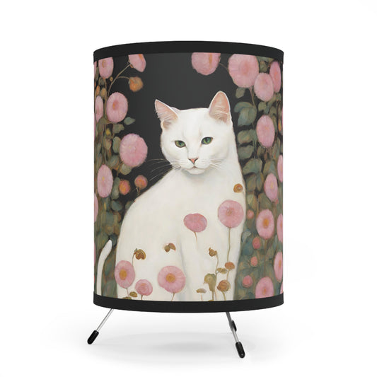 White Cat Pink Flowers Tripod Table Lamp USCA plug Home Decor One size Black