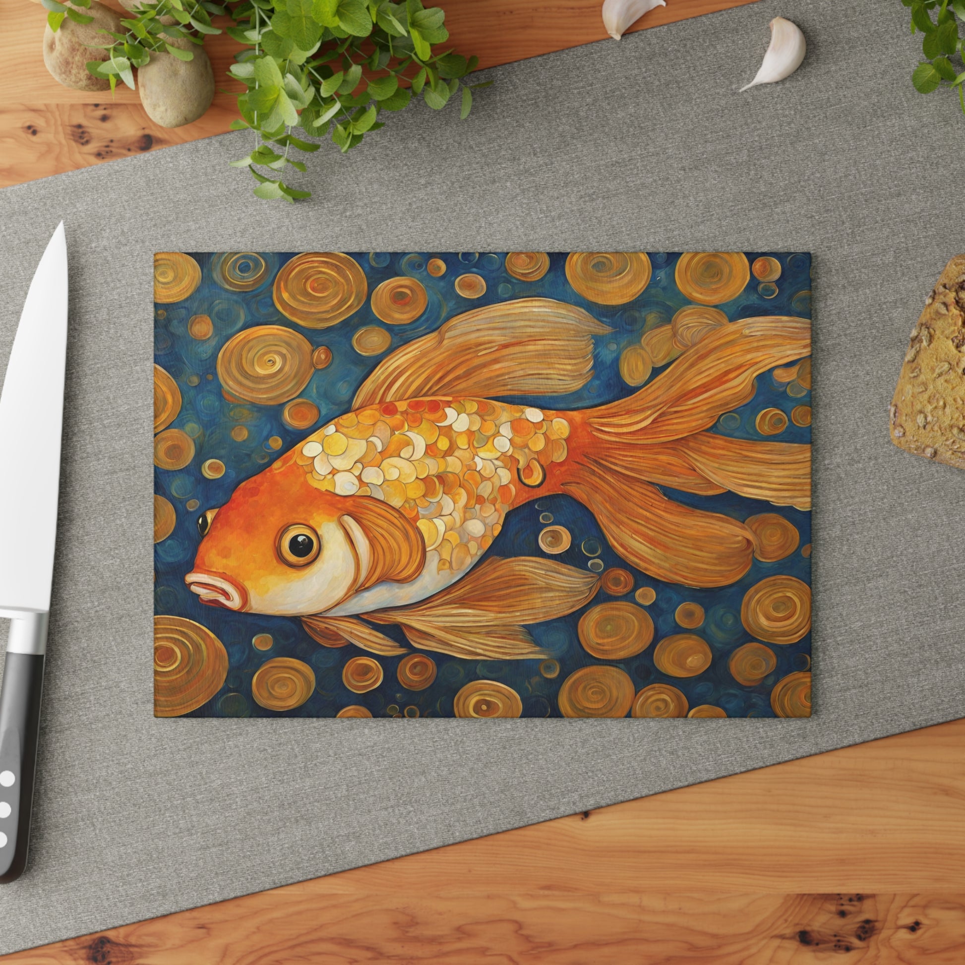 Goldfish Glass Kitchen Cutting Board Art Nouveau Style 8x11 Inches Housewarming Wedding Gift Home Decor 8" x 11" Rectangle