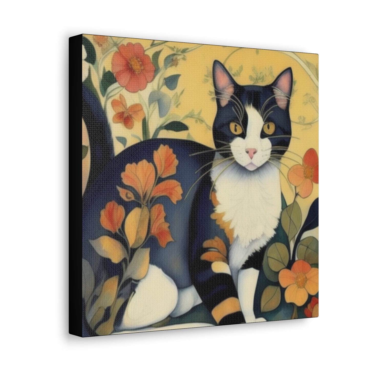 Cat And Flowers Art Canvas Gallery Wrap Print 12x12 inch 12″ x 12″ 1.25"