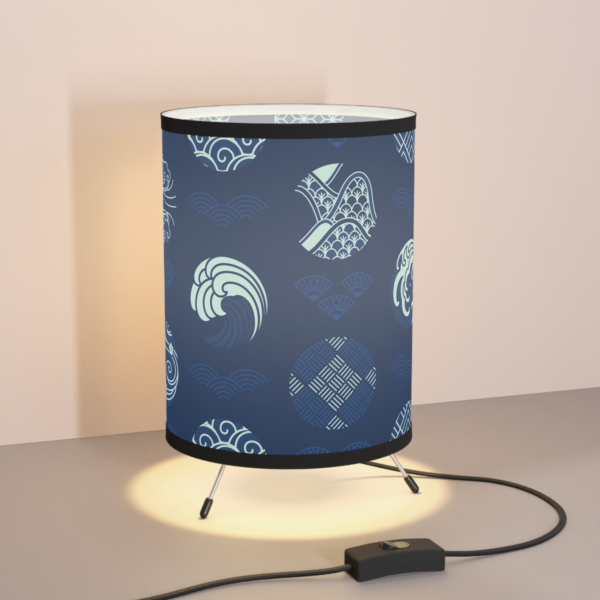 Blue Japanese Pattern Tripod Table Lamp USCA Plug Home Decor