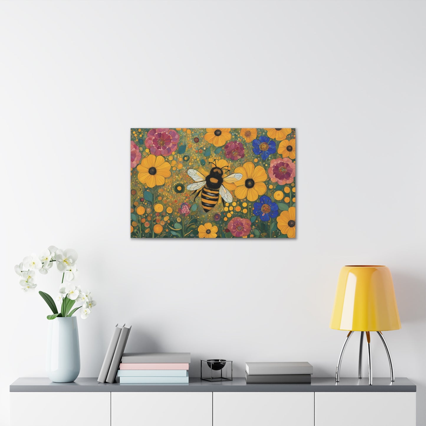 Bumblebee Flowers Klimt Style Art Canvas Print 30x20 Inch Canvas