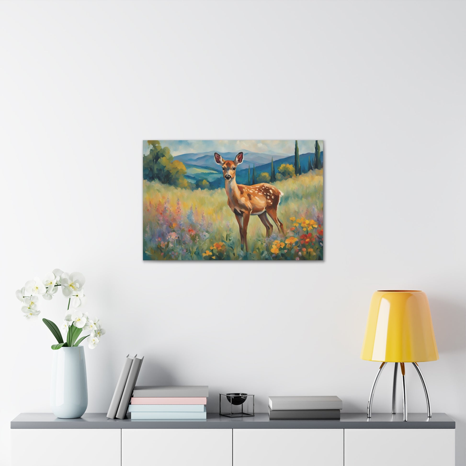 Deer Meadow Flowers Art Canvas Print 30x20 Inch Canvas