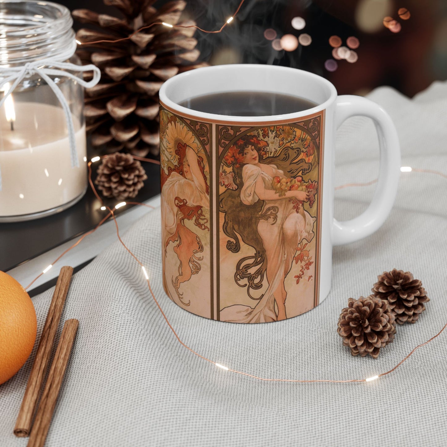 The Seasons Art Nouveau Ceramic Coffee Mug 11oz Alphonse Mucha 11oz Coffee Mugs Fall Picks Home & Living Kitchen mug Mugs Sublimation White base Mug