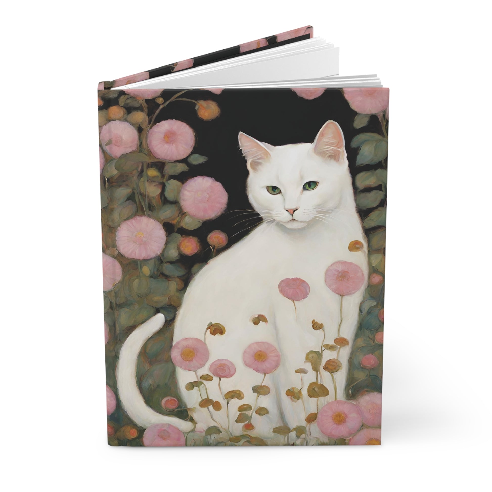 White Cat Pink Flowers Hardcover Journal Lined Notebook Matte Paper products Journal