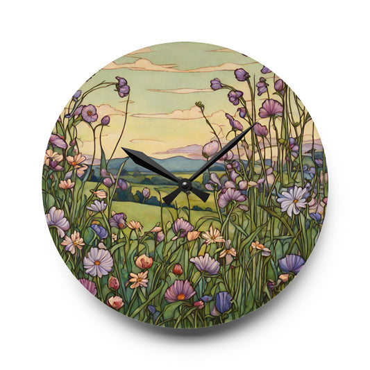 Purple Wildflowers Art Acrylic Wall Clock 10.75 Inches Home Decor 10.75'' × 10.75'' (Round)