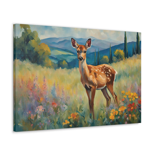 Deer Meadow Flowers Art Canvas Print 30x20 Inch Canvas