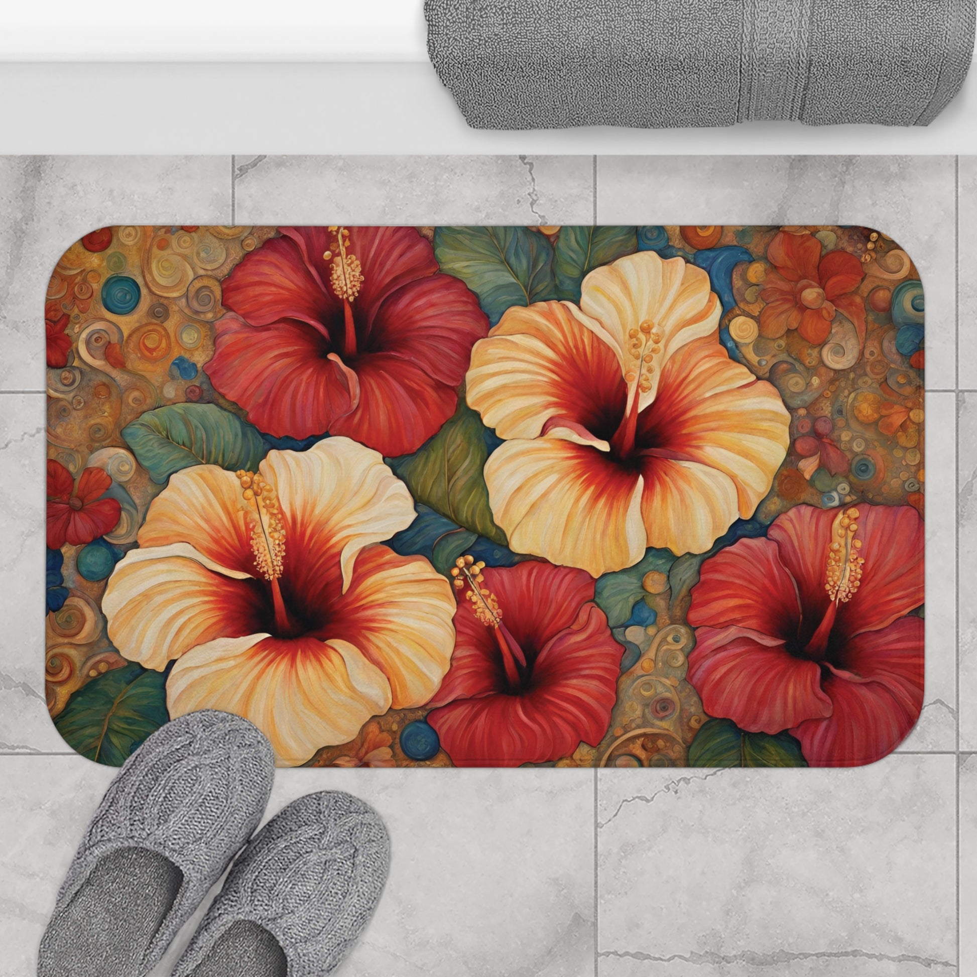 Hibiscus Flowers Modern Bathroom Bath Mat 34"×21" Home Decor 34" × 21"