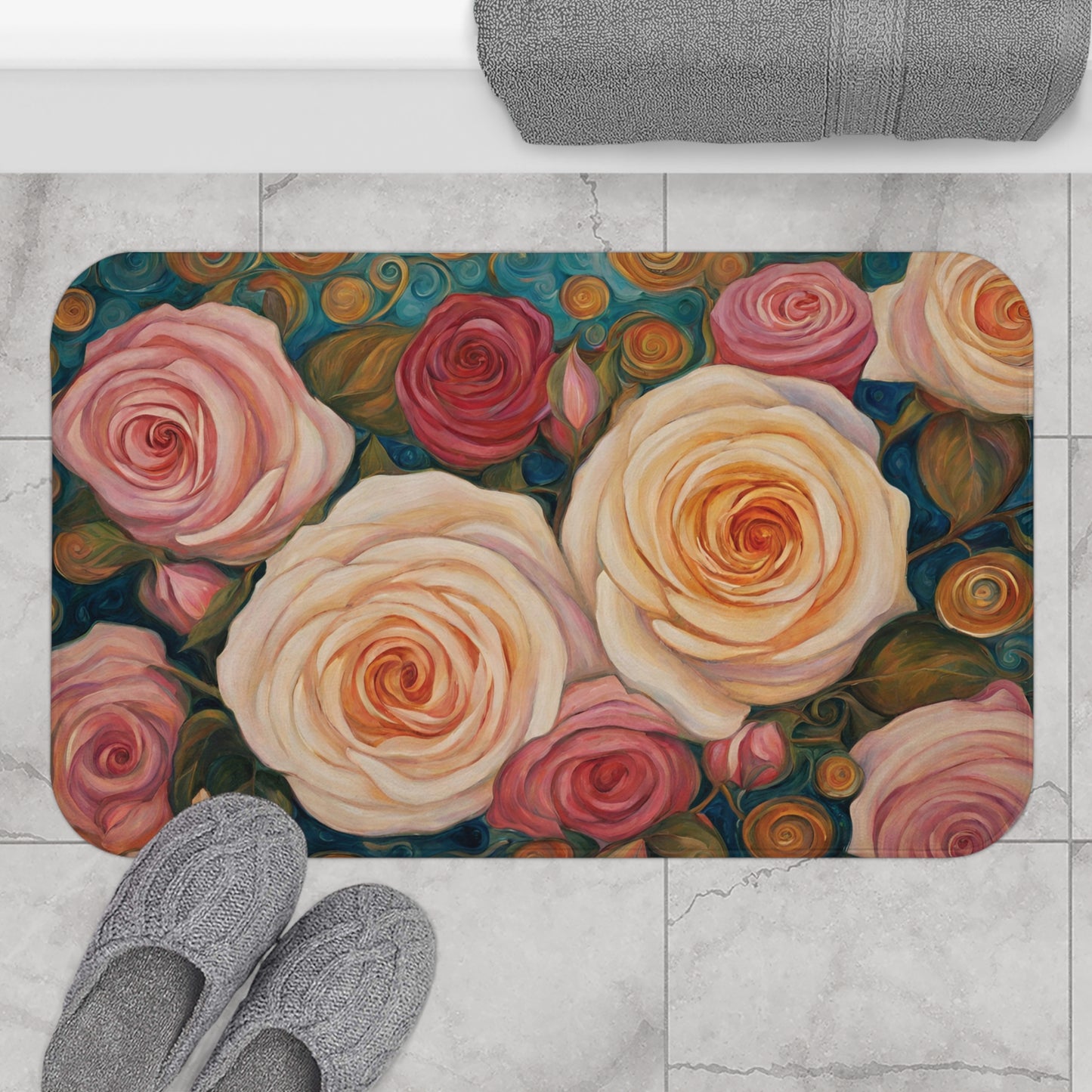 Pink Roses Flowers Modern Bathroom Bath Mat 34"×21" Home Decor 34" × 21"