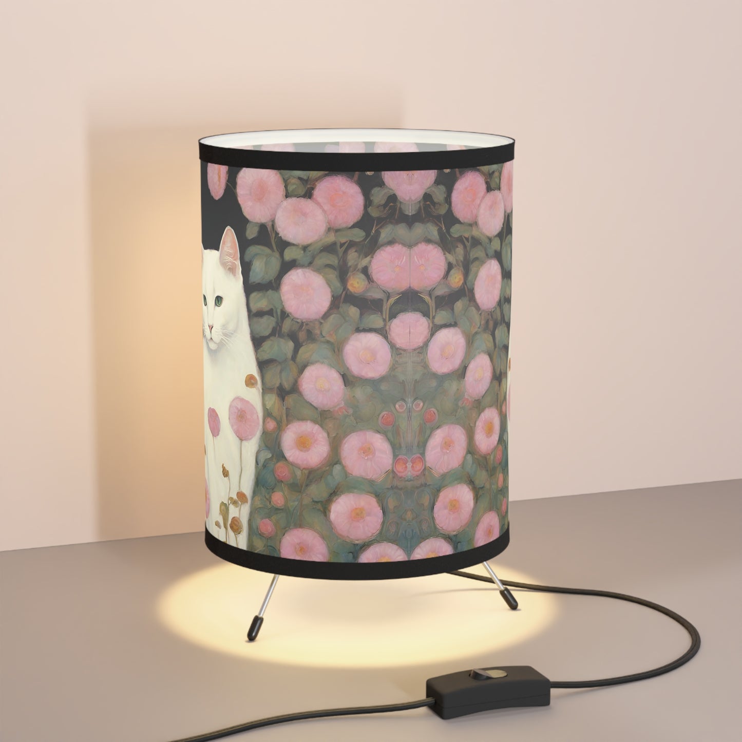 White Cat Pink Flowers Tripod Table Lamp USCA plug Home Decor