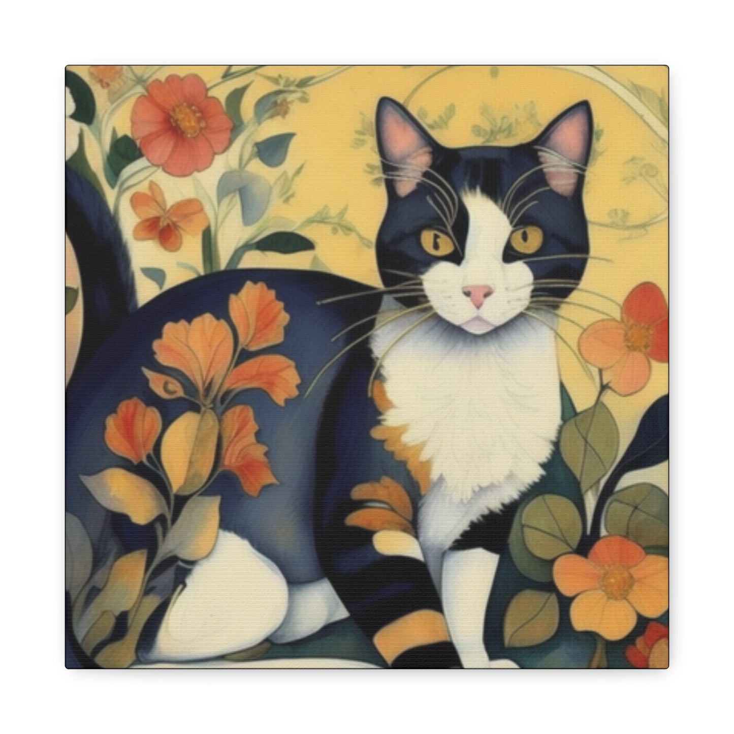 Cat And Flowers Art Canvas Gallery Wrap Print 12x12 inch