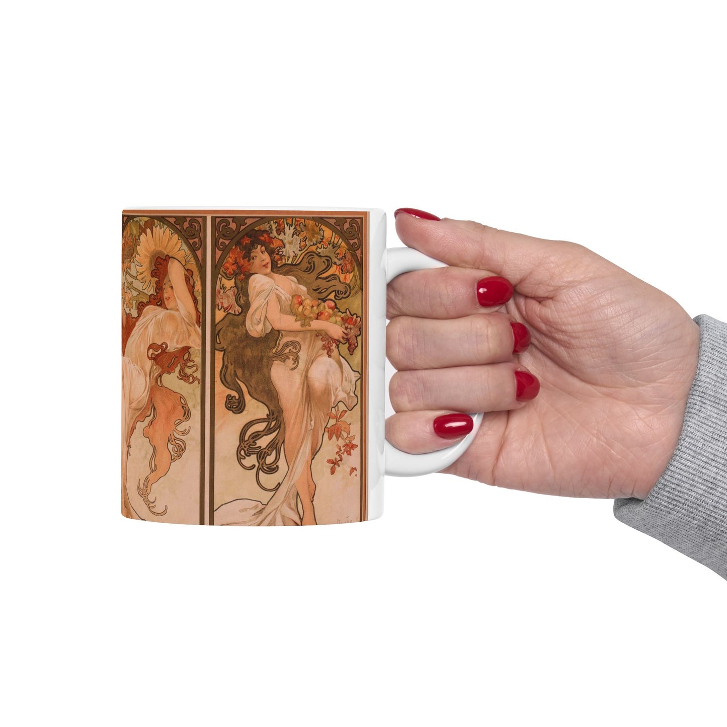 The Seasons Art Nouveau Ceramic Coffee Mug 11oz Alphonse Mucha 11oz Coffee Mugs Fall Picks Home & Living Kitchen mug Mugs Sublimation White base Mug