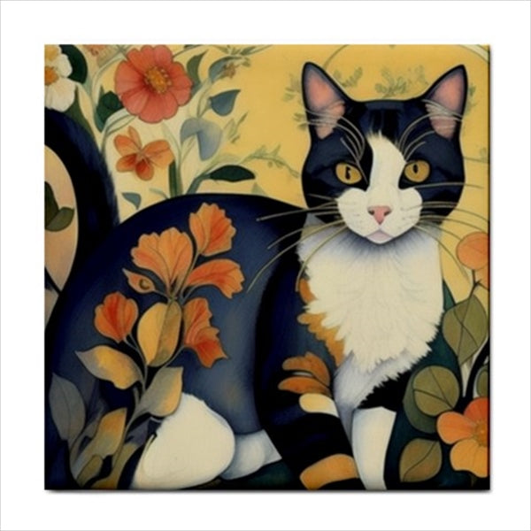 Calico Cat Art Nouveau Ceramic Tile 4.25 Inches Ceramic Tile