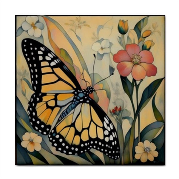 Butterfly Flower Art Nouveau Ceramic Tile 4.25 Inches Ceramic Tile