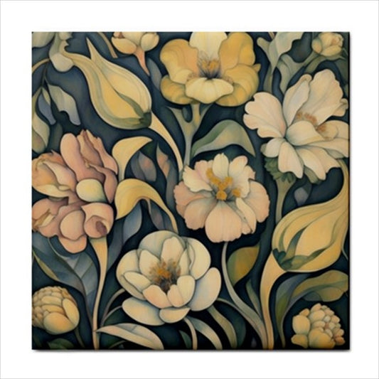 Cream Flowers Art Nouveau Ceramic Tile 4.25 Inches Ceramic Tile