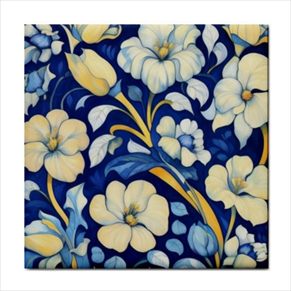 Blue Flowers Art Nouveau Ceramic Tile 4.25 Inches Ceramic Tile