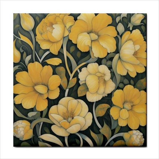 Yellow Flowers Art Nouveau Ceramic Tile 4.25 Inches Ceramic Tile