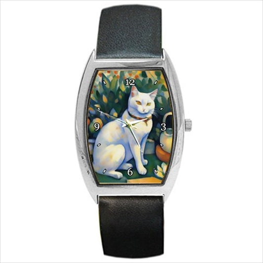 White Cat In Garden Art Wrist Watch Unisex Animal Animal Art Animal Watch Art Barrel Shape Cat Unisex Watch Wristwatch Barrel Shape Watch