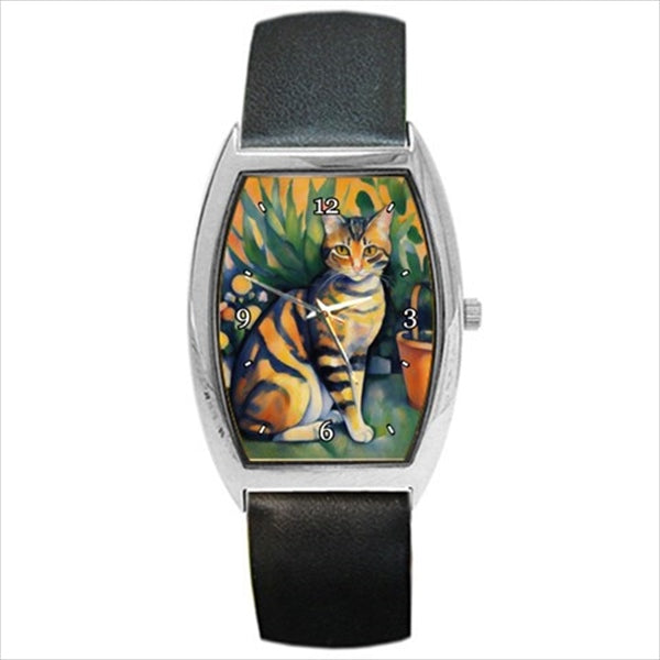 Tabby Cat In Garden Art Wrist Watch Unisex Animal Animal Art Animal Watch Art Barrel Shape Cat Unisex Watch Wristwatch Barrel Shape Watch