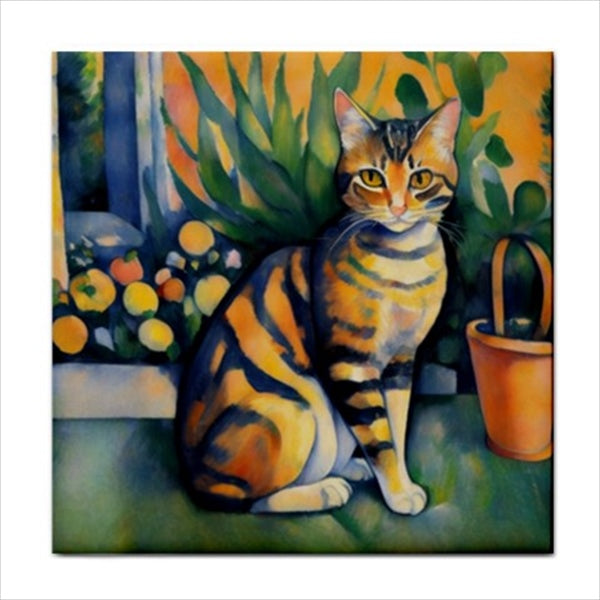 Tabby Cat In Garden Ceramic Tile Backsplash Art