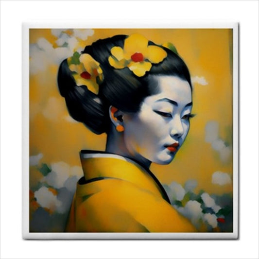 Yellow Geisha Modern Japan Ceramic Tile Art Backsplash Ceramic Ceramic Tile Geisha Home Decor Japan Japan Tile Japanese Tile Yellow Ceramic Tile