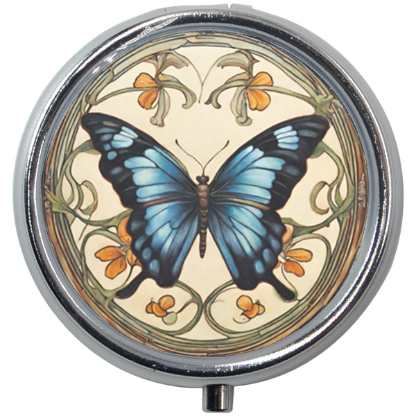 Blue Butterfly Art Nouveau Pill Box Medication Travel Case